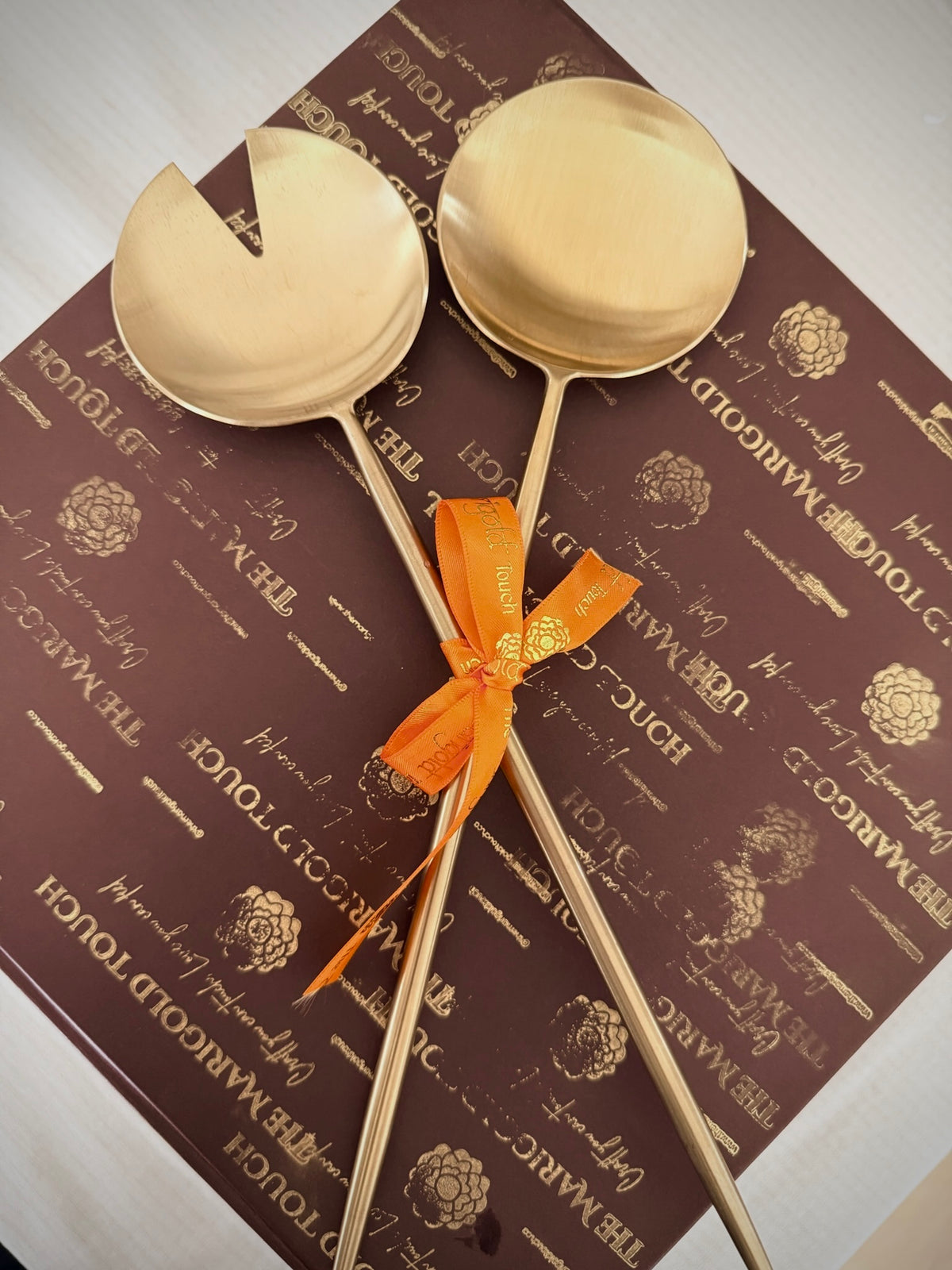 Salad Spoons — gift wrap with Marigold ribbon, The Marigold Touch